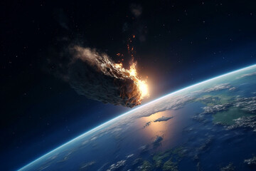 Comet or asteroid, meteor falling to planet Earth. Planet and big meteorite in the space, burning exploding asteroid in atmosphere. AI generated