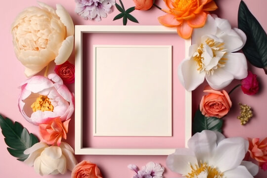 Empty photo frame decorated with flowers on pink pastel background. Empty space for text. Mock up with free copy space. Flat lay, top view. AI generated