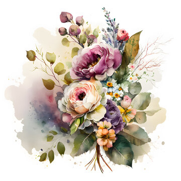 Watercolor illustration of a colorful flower bouquet. Illustration by Generative Ai
