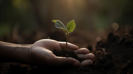 An image of a person's hand holding a small seedling, with the Earth in the background, representing the idea of nurturing new growth and regeneration - Generative AI