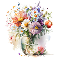 Colorful watercolor bouquet of flowers. Illustration by Generative Ai
