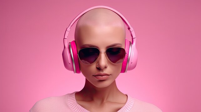 Portr&auml;t einer Frau mit rasiertem Kopf, pinken Kopfh&ouml;ren und Sonnenbrille vor pinkem Hintergrund, Generative AI