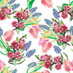 Watercolor set of spring flowers on white.  Floral seamless pattern for fabric and wallpapers. 