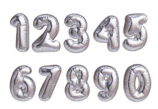 Shiny set of numbers from 1 to 10 in the shape of a silver metallic balloon. 3D rendered, realistic.