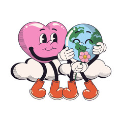 Save the planet stickers in trendy retro cartoon style. Sticker pack for Earth or World Environment Day. Funny vector illustration of planet Earth with the Heart smiley face. Eco green labels 