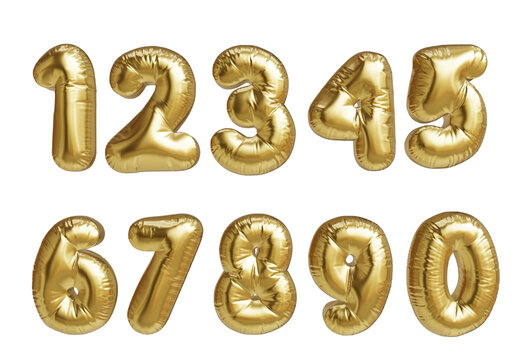 Set of numbers from 1 to 10 in the shape of a golden metallic balloon. 3D rendered, realistic.