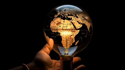 An image of the Earth inside a lightbulb, with a person's hand turning it on, to represent the idea of renewable energy and reducing our reliance on fossil fuel - Generative AI