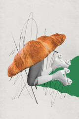 Creative 3d photo artwork graphics collage painting of fresh croissant walking lady legs wear rollers isolated drawing background