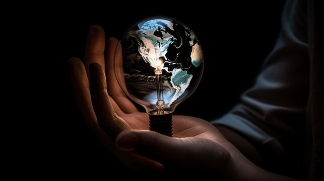 An image of the Earth inside a lightbulb, with a person's hand turning it on, to represent the idea of renewable energy and reducing our reliance on fossil fuels - Generative AI