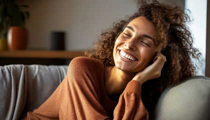Fototapeta na wymiar Young woman with curly hair and a brown sweater laughing while relaxing at home