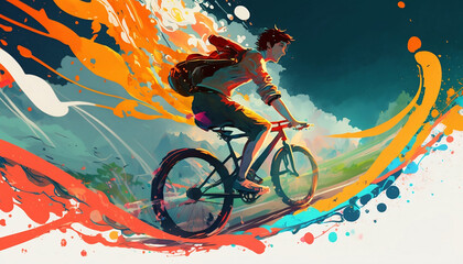 Boy riding a bicycle with a backpack in summer. Illustration painting