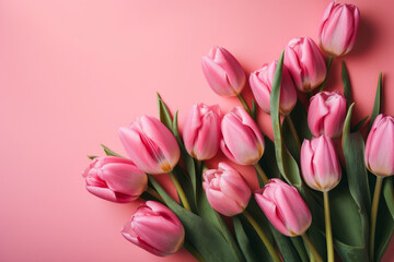 Naklejka premium beautiful bouquet of spring tulip flowers on a pink background. Generative ai