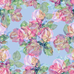 Watercolor seamless pattern with roses on blue background. 