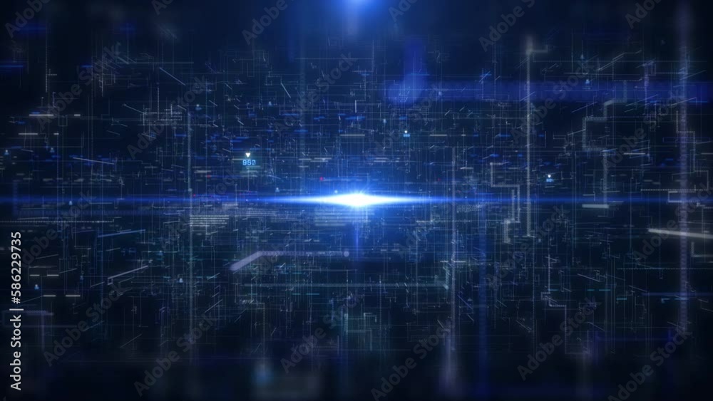 Aufkleber Abstract technology background of digital data binary code, speed flicking dash signal, hud interface system analysis dashboard 4K motion loop background.