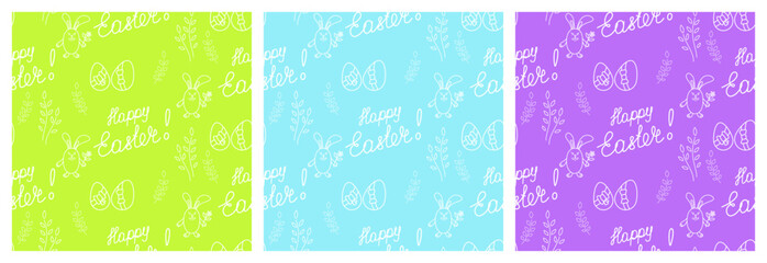 Easter seamless pattern with lettering Happy Easter, rabbit, eggs and flowers. Each pattern is isolated. Seamless print for card, banner, wrapping paper, wallpaper or other. Vector illustration. Set.