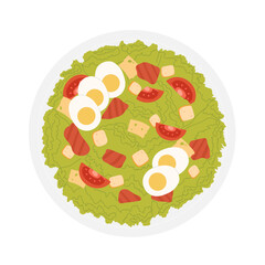 Salad bowl with crackers. Healthy vegetable menu, fitness lunch meal vector illustration