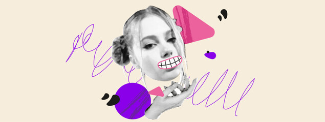 Cute collage with a face and hand in a halftone style. Punk banner with abstract illustration. Geometric shapes and doodles. Depression-themed concept and fake smile.