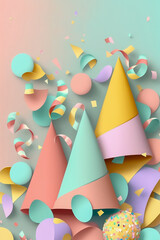 Obraz premium Pastel color birthday caps on a pastel background, vertical. Generative AI