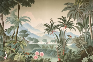 wallpaper jungle and leaves tropical forest birds old drawing vintage - generative ai	