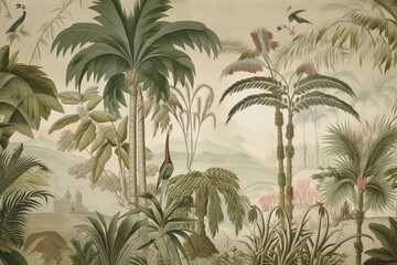 wallpaper jungle and leaves tropical forest birds old drawing vintage - generative ai	 - obrazy, fototapety, plakaty