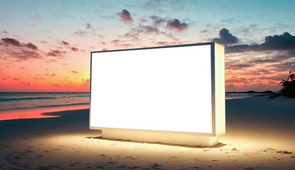 Blank advertising billboard on the tropical beach landscape during sunset. Generative AI.