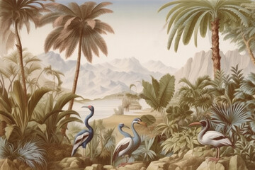 Fototapeta na wymiar wallpaper jungle and leaves tropical forest birds old drawing vintage - generative ai 