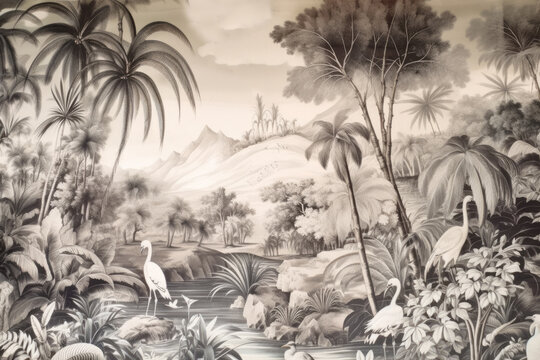 Fototapeta wallpaper jungle and leaves tropical forest birds old drawing vintage - generative ai 