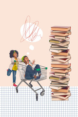 Exclusive magazine picture sketch collage image of smiling excited little children walking book shopping isolated painting background