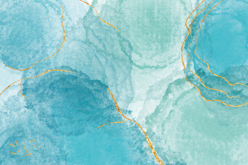 Blue watercolor fluid painting vector design card. Golden marble frame. Spring wedding invitation. Alcohol ink. Isolated and editable