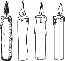 Set of candle illustrations drawn using various styles drawing