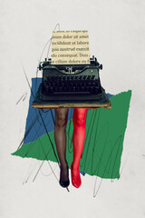 Artwork magazine collage picture of vintage typing machine walking sexy lady legs isolated drawing...