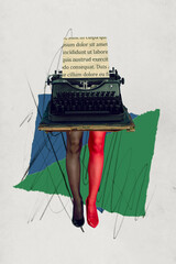 Artwork magazine collage picture of vintage typing machine walking sexy lady legs isolated drawing...
