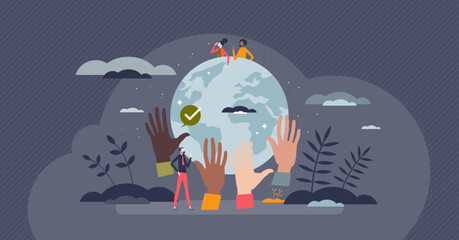 Environmental justice with worldwide ecology protection tiny person concept. International nature friendly awareness and ethnic or racial social support vector illustration. Earth eco climate care.