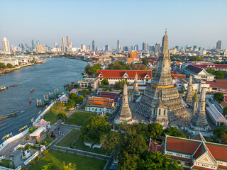 Aerial view Temple of dawn Wat Arun sunset light sightseeing travel