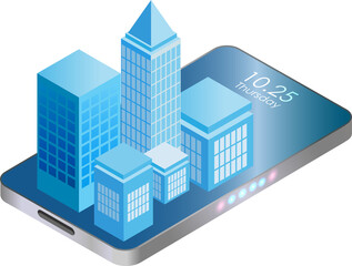 City buildings on smart phone. Smart city concept.