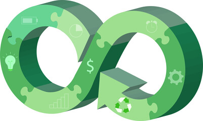 Circular economy symbol in jigsaw pieces with ecology and environment icons.