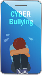 Cyber bullying. Kid crying on mobile phone bullying from social media.