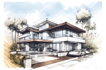 Fototapeta premium Sketch of modern cozy villa house on the white background. Design stages of luxury villa architecture drawing. Generative AI