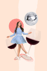 3d retro abstract creative artwork template collage of carefree lady having fun enjoying wine isolated painting background