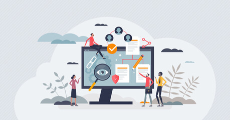 Contract management software as computer app programs tiny person concept. Electric and digital information files storage and manage system for company digitization and automation vector illustration