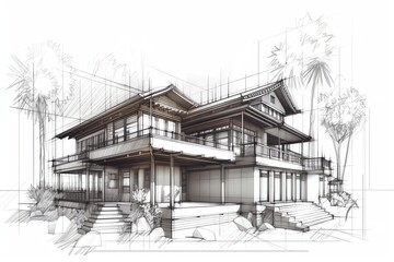 Sketch of modern cozy villa house on the white background. Design stages of luxury villa architecture drawing.  Generative AI