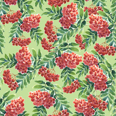 Watercolor seamless pattern with red berries on green background. 