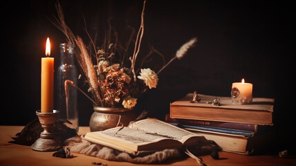 Old books, candles and dry flowers on wooden table. halloween concept. Generative ai. - obrazy, fototapety, plakaty