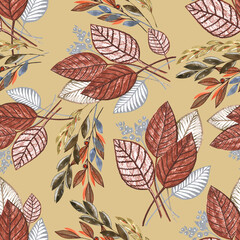 Fall seamless pattern with autumn leaves on beige background. 