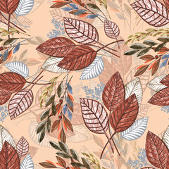 Seamless pattern with autumn leaves on beige background. 