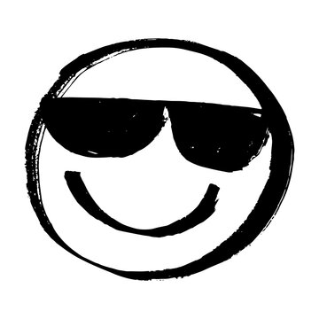 Smiling Face with Sunglasses. Happy, peaceful person emoji with glasses. Hand drawn with marker pen, sketches, black rustic drawing isolated on white background, scribble. Expression of tranquility.