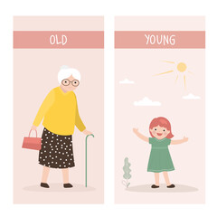 Opposite adjectives explanation card, OLD and YOUNG. Word card for language learning. Old woman and baby. Textcard with cartoon characters. Flashcard with antonyms for children, template.