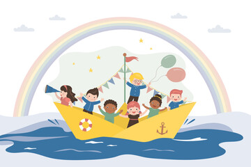 Funny children sailing on paper boat. Children play, imagination, friendship. Kids play sailors or pirates. Happy and cheerful childhood. Group of multiethnic kids have funny game.