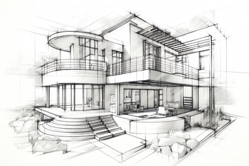 Sketch of modern cozy villa house on the white background. Design stages of luxury villa architecture drawing.  Generative AI