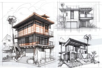 Sketch of modern cozy villa house on the white background. Design stages of luxury villa architecture drawing.  Generative AI